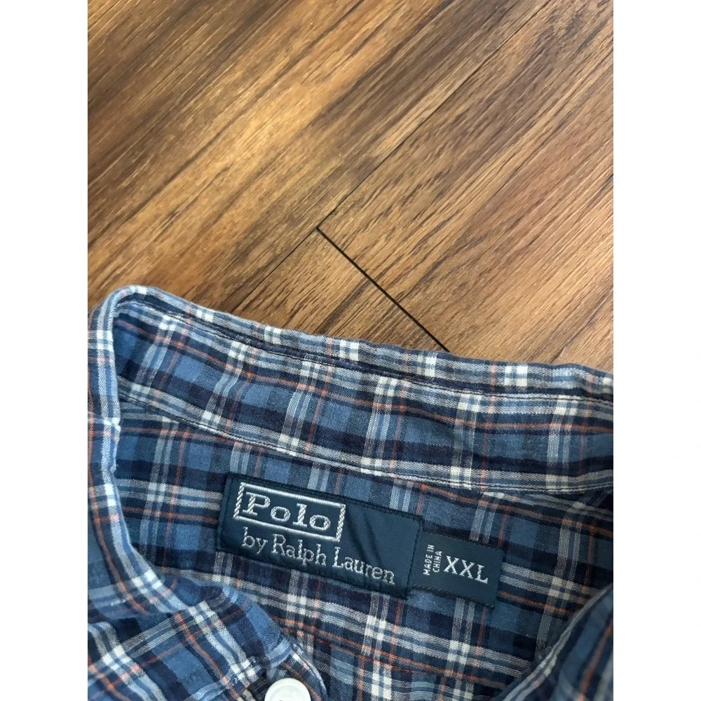 Polo Ralph Lauren Linen Blend Plaid Shirt Mens XXL Long Sleeve Button Down Blue